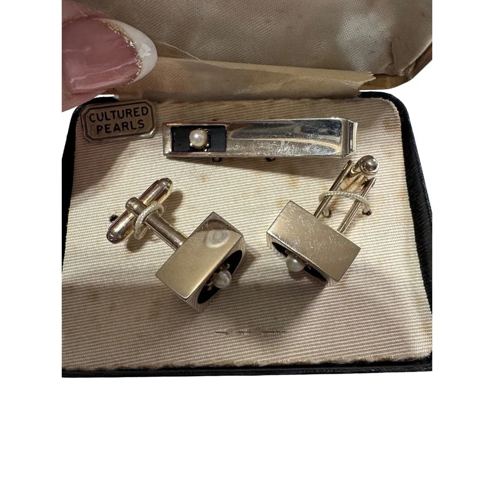 Vintage Shields Fifth Avenue Cufflinks Tie Bar Set‎ Cultured Pearls Rare
